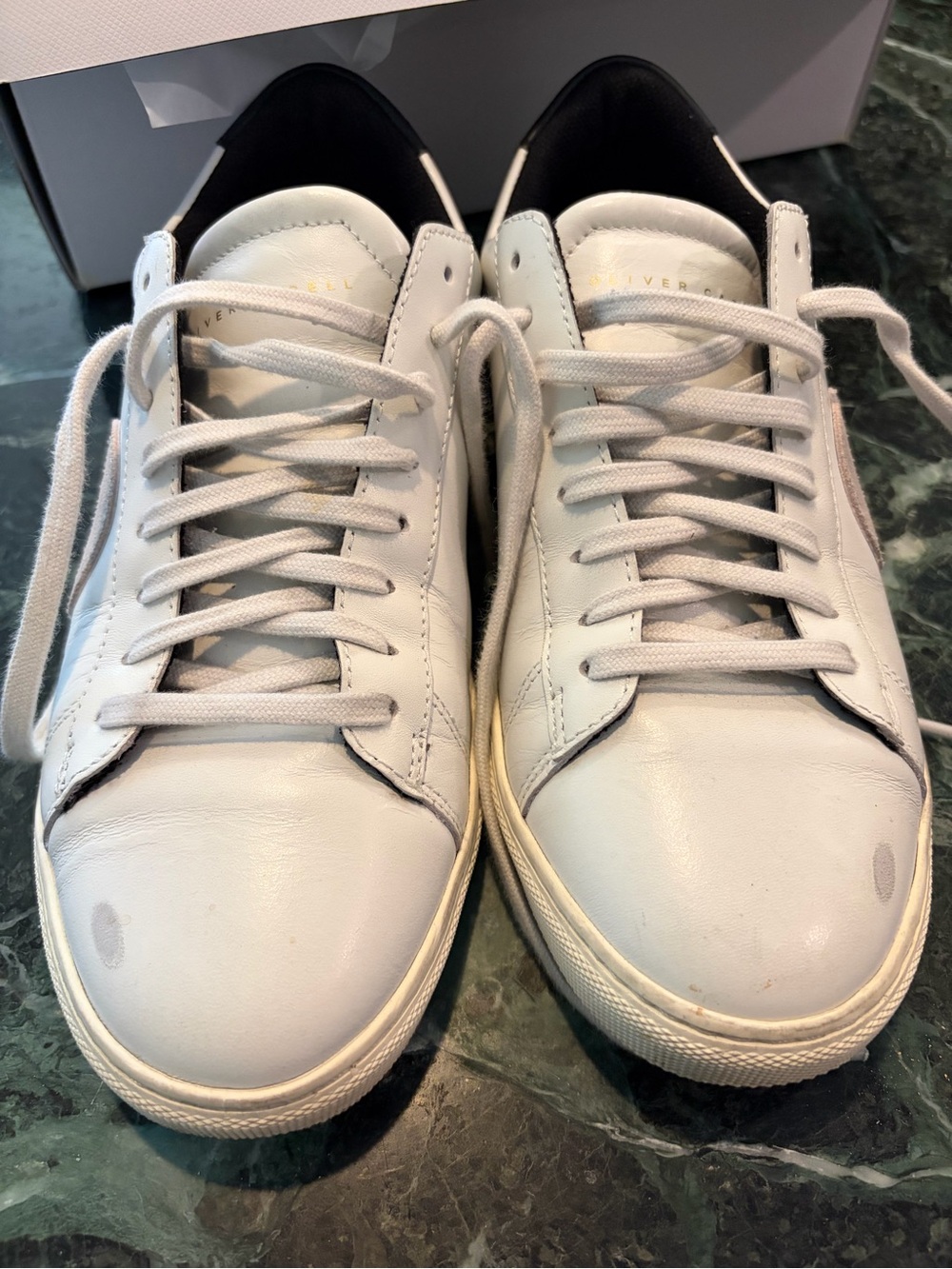Oliver Cabell White Leather Low-Top Sneakers with Black Heel Tab